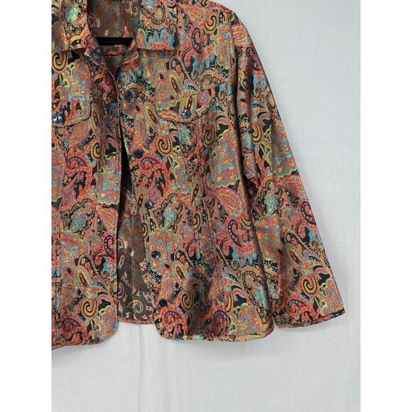 90s Vintage Jacket Womens Medium Black Paisley Colorful Tapestry Boho Button - Picture 6 of 9